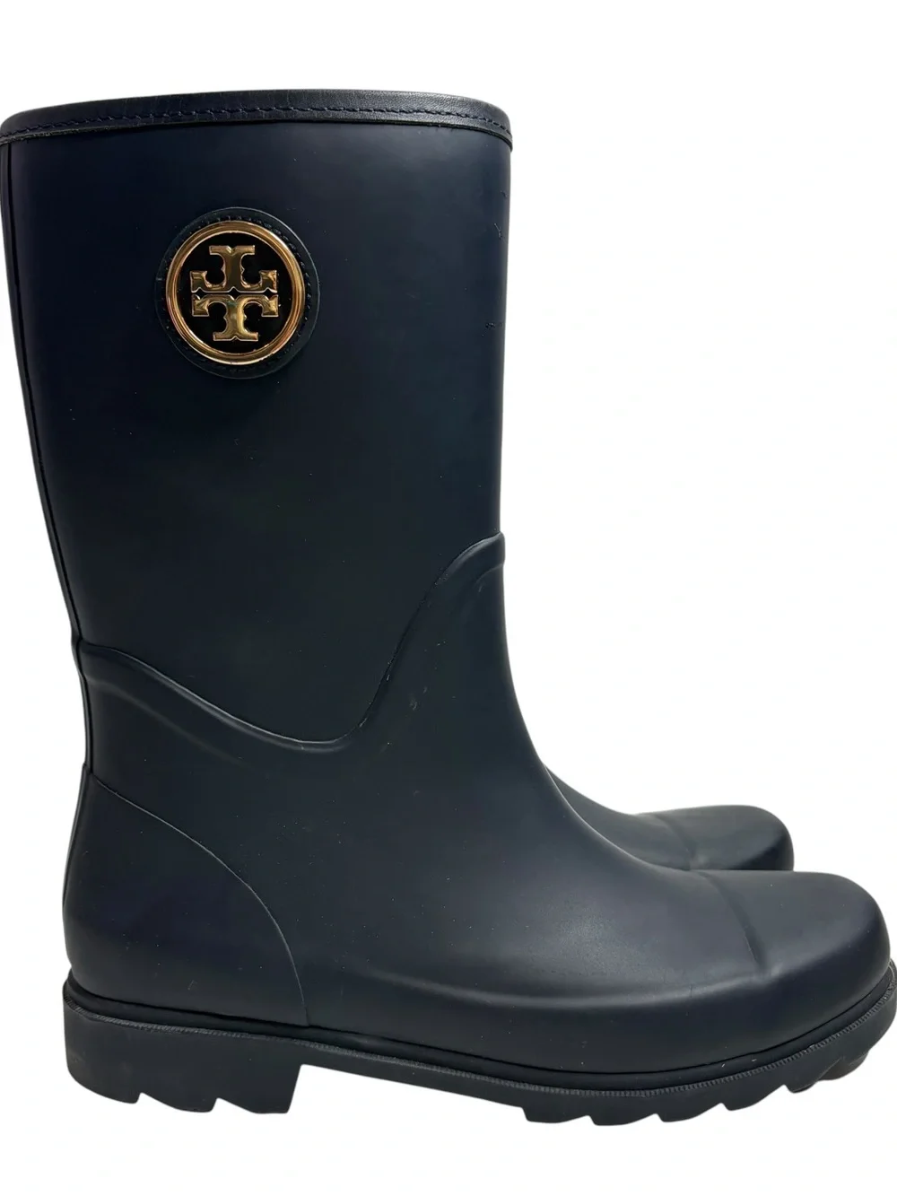 Tory Burch Navy Mid-Calf Rain Boots with Gold Logo
